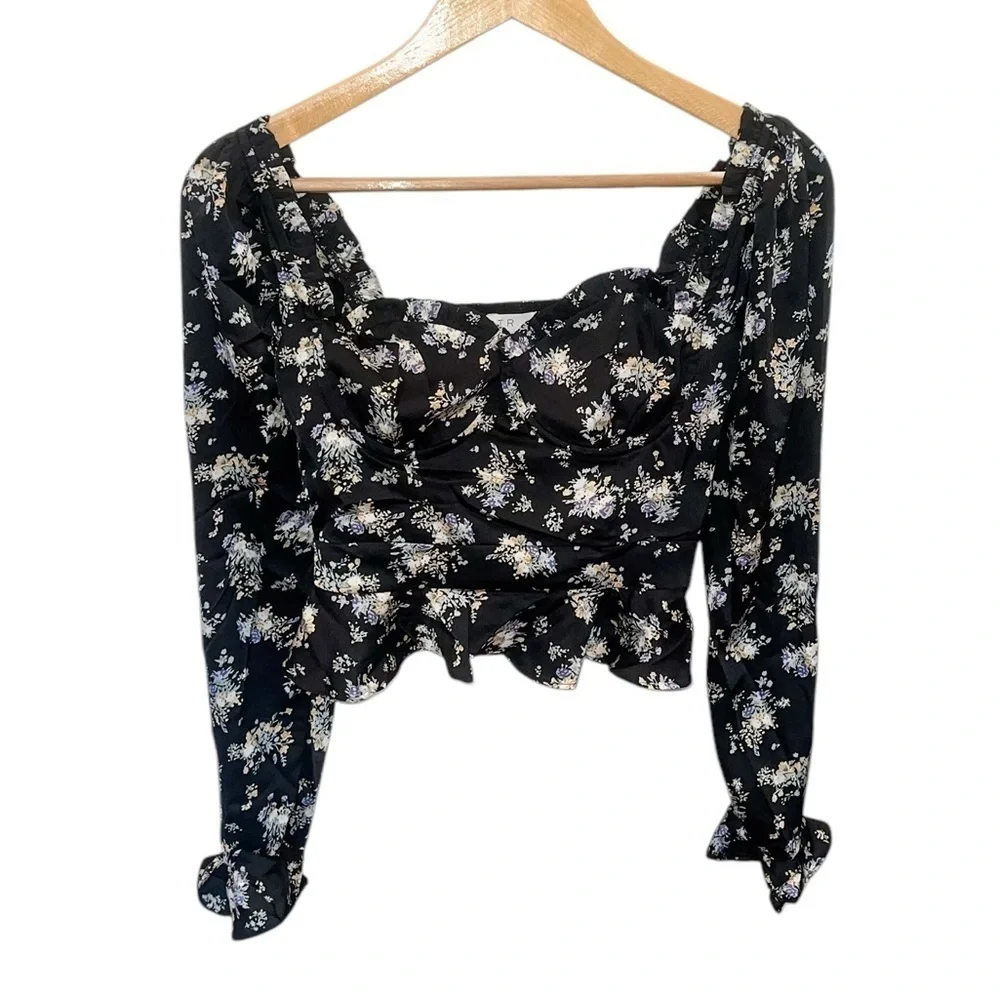 NEW ASTR The Label Floral Corset Sweetheart Neck Underwire Satin Top Black